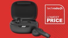 JBL Live Pro 2 in black on red background with TR's Lowest Price badge