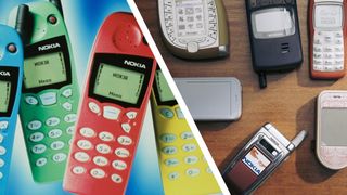 A group of old Nokia phones on a blue background and table