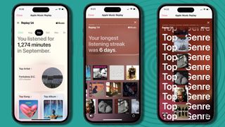 Three iPhone 15 screens showing Apple Music Replay stats, on teal background